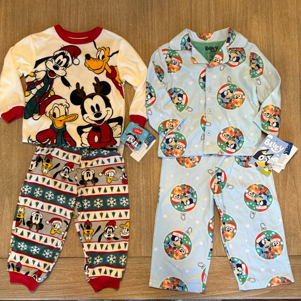 4 PC Disney Holiday Christmas Pajama set Mickey & Friends Bluey Unisex 24mo. NEW
